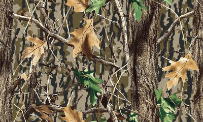 Hunting camouflage with oak tree for hunting and military. Hunting camouflage seamless pattern design. Digital camo. Vector camouflage background. Woodland. Abstract camouflage. Real tree pattern