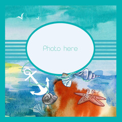 summer background with sea shells, watercolor illustration with photo frame