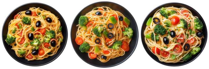 Three bowls of spaghetti with broccoli tomatoes and olives.