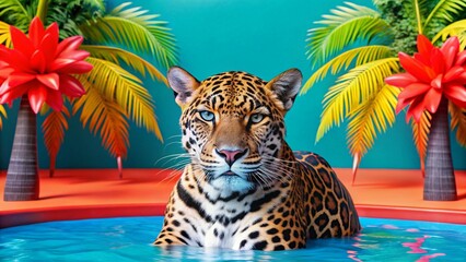 Naklejka premium Stunning jungle beach lagoon with a jaguar, palm trees, and tropical leaves—perfect background scene