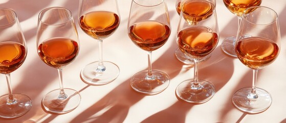 Elegant amber wine in crystal glasses casting shadows on a peach surface creating a sophisticated and inviting visual with a modern aesthetic