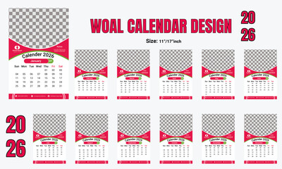 Calendar template for 2026, Modern &  Stylish calendar 2026,  Monthly calendar design for 2026 year, English Wall Calendar monthly pages layout, Corporate or business Calendar design 2026. 