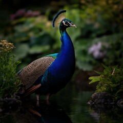 Vibrant peacock stands elegantly in water with green foliage backdrop.