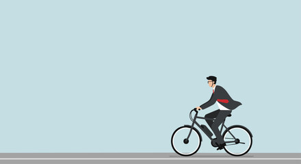 Obraz premium A businessman rides an electric bicycle on a city street. Clean, modern style. Ideal for concepts of sustainable commuting and urban lifestyle.
