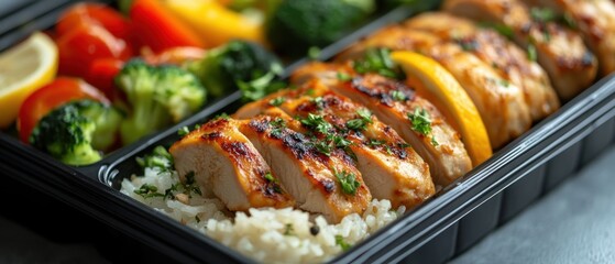 Appetizing Grilled Chicken Breast Slices with Fresh Vegetables and Rice in a Black Container Healthy Food Photography Close Up Angle