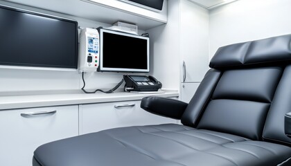 A modern medical examination room featuring a black reclining chair, multiple monitors, and medical equipment, creating a clinical and advanced healthcare environment.