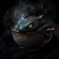 Miniature dragon resting inside an ornate teacup with rising vapor.