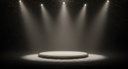 Illuminated pedestal under spotlights, stage-like setting with ethereal dust motes
