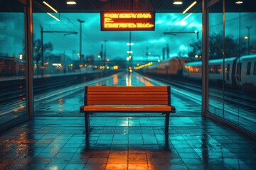 Empty orange bench at a rainy train station platform at night.