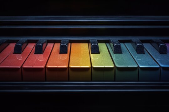 Colorful piano keys in rainbow hues create a vibrant and artistic musical expression with a dark background and soft lighting