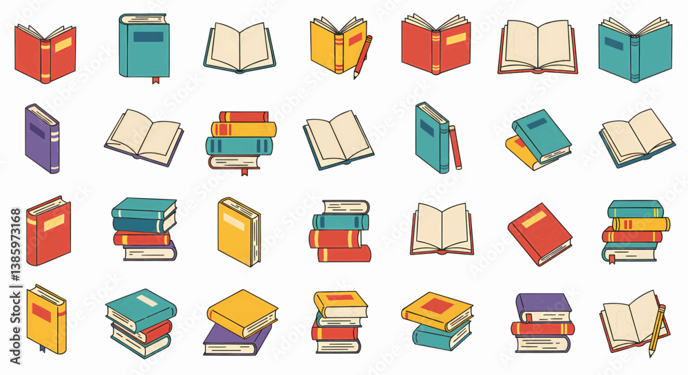Fototapete a grid of forty book illustrations, rendered in a flat, 2d style, with smooth colors and no shading,
