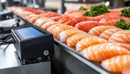 A conveyor belt displaying vibrant sushi pieces, featuring various salmon types and garnished with green herbs.