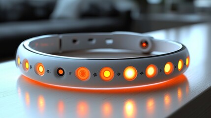 Futuristic smart pet collar with illuminated sensors.