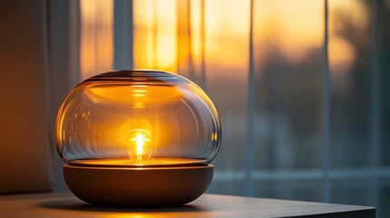 A decorative table lamp with a glass base and soft lighting, on a white background