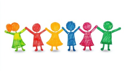 Colorful crayon drawing of children holding hands together in unity.