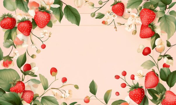 Strawberries and leaves frame on a soft pink background.