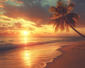 Serene beach with a palm tree at sunset