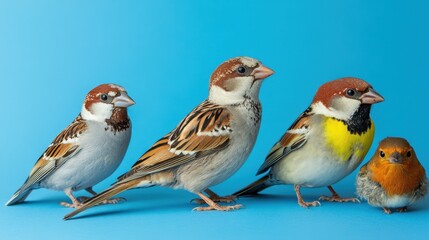 Fototapeta premium Captivating studio shot of a diverse group of sparrows and a robin perched against a vibrant blue backdrop showcasing avian beauty and ornithological interest