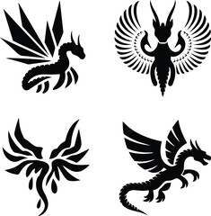 Dragon Flying with Wings Silhouette Set | Flying Dragon, Fantasy Illustration, and Mythological Icon Dragon Flying with Wings Silhouette Set | Fantasy Creature, Mythical Beast, and Dragon Vector Colle