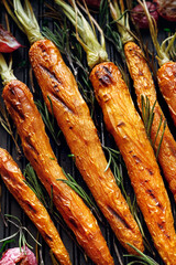 Grilled carrots with aromatic herbs on grill plate, close-up view