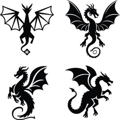 Dragon Flying with Wings Silhouette Set | Flying Dragon, Fantasy Illustration, and Mythological Icon Dragon Flying with Wings Silhouette Set | Fantasy Creature, Mythical Beast, and Dragon Vector Colle