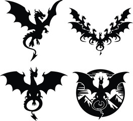Dragon Flying with Wings Silhouette Set | Flying Dragon, Fantasy Illustration, and Mythological Icon Dragon Flying with Wings Silhouette Set | Fantasy Creature, Mythical Beast, and Dragon Vector Colle