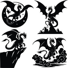 Dragon Flying with Wings Silhouette Set | Flying Dragon, Fantasy Illustration, and Mythological Icon Dragon Flying with Wings Silhouette Set | Fantasy Creature, Mythical Beast, and Dragon Vector Colle