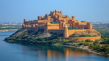 Fototapeta premium Majestic fortress, situated on a hill overlooking a tranquil lake. Ancient architecture, showcasing intricate details. Golden hues of the sandstone structure in the bright sunlight