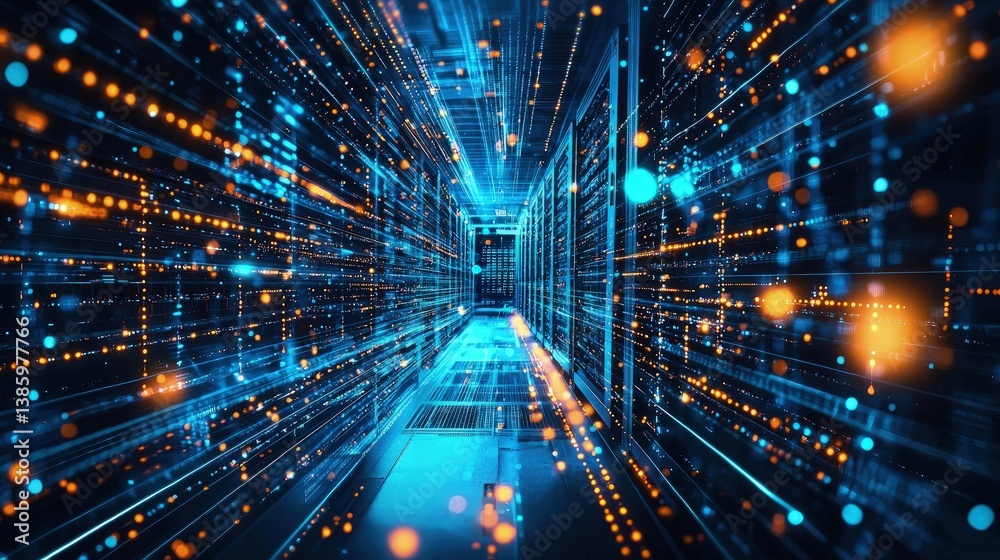 Poster Futuristic server room with glowing data streams and vibrant digital effects. Ideal for AI tech, cybersecurity visuals, blockchain platforms, and big data concepts