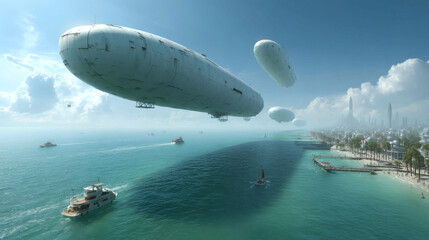 Naklejka premium Futuristic scene featuring airships floating above a serene coastal city, with boats on the water and a skyline in the background.