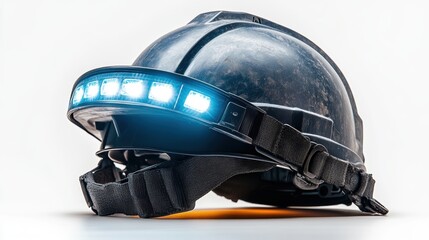 Fototapeta premium A rugged construction helmet with a reflective strip, on a white background