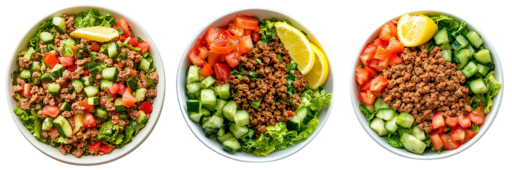 Three bowls of ground meat salad with tomatoes cucumbers and lemon.