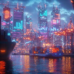 Obraz premium Cyberpunk port city featuring neon graphs and tariff warnings