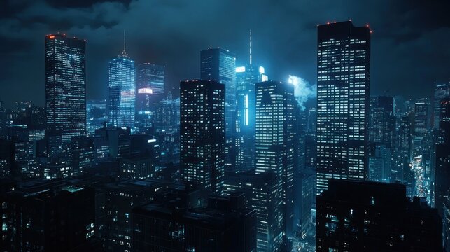 Futuristic cityscape at night with glowing financial data overlay