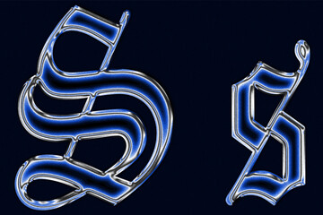 blue Gothic blackletter font chrome techno Glossy holographic 3D letter s Metallic shiny text design