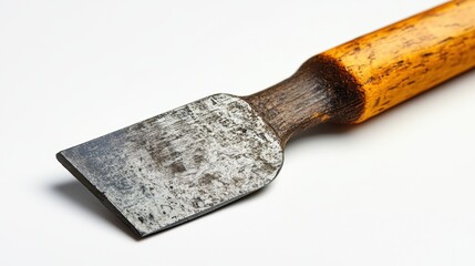 A close-up of a woodworking chisel with a sharp edge and wooden handle, on a white background