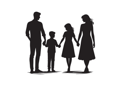 Silhouette of a family of four holding hands, capturing the essence of unity and love Vector