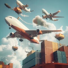 Surreal 3D render of tariff arrows lifting up cargo planes and ships