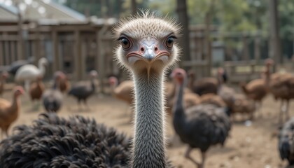 Big domestic ostrich in the poltry yard.