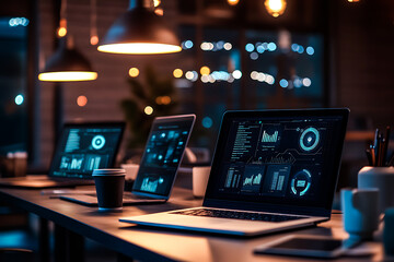 Futuristic Office Workspace – Laptops with Holographic UI, Data Analytics & AI Tech Elements