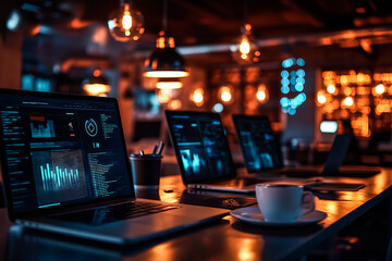 Futuristic Office Workspace – Laptops with Holographic UI, Data Analytics & AI Tech Elements