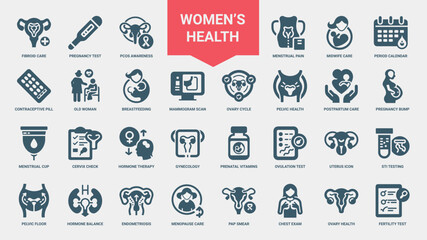  womens health reproductive care collection icons, gynecology hormone prenatal cervix therapy check vitamins