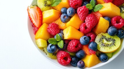 Obraz premium A colorful smoothie bowl with a mix of berries and tropical fruits, placed on a white background