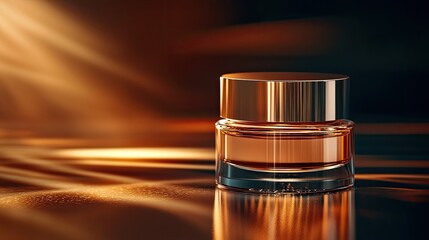 Elegant skincare jar and box in warm spotlight, luxury beauty branding concept
