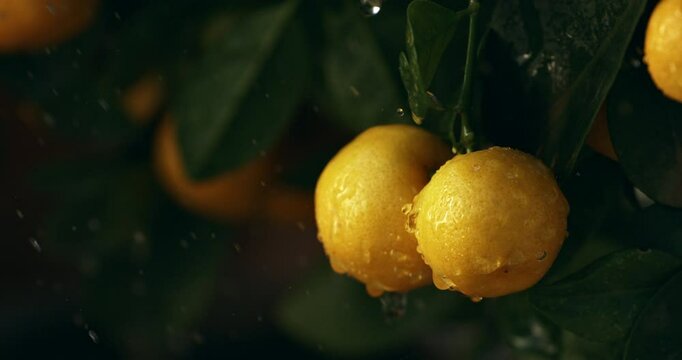 Super Slow Motion of Fresh yellow lemons on a tree with water droplets falling in slow motion - vibrant citrus fruits glistening with moisture after a refreshing rain in a lush green orchard
