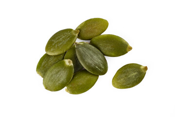 Delicious pumpkin seeds on white background