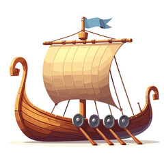 Vector Viking longship with sail and oars in traditional wooden design. Perfect for historical transportation, Scandinavian culture and maritime heritage illustrations.