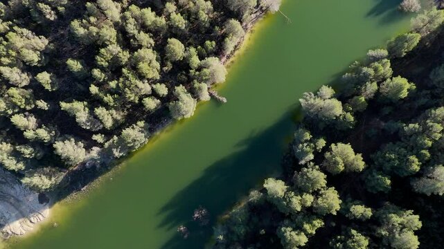 Aerial drone view of Lake Manzano between Bullas and Mula, Murcia Region, Spain, in early morning light.