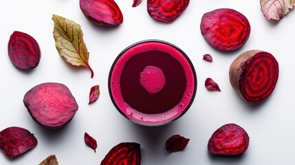 Fototapeta premium A fresh and healthy beetroot juice with beetroot slices placed beside it, on a white background
