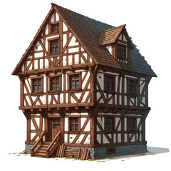 Vector traditional half-timbered house with wooden frame structure on white background. Ideal for European architecture, historic buildings and cultural heritage tourism illustrations.